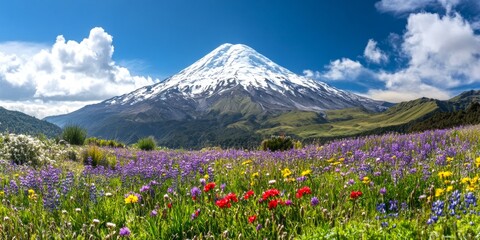 A stunning view of a snow-capped mountain surrounded by vibrant fields of wildflowers. This landscape captures the beauty of nature in all its glory. Perfect for travel or nature enthusiasts. AI