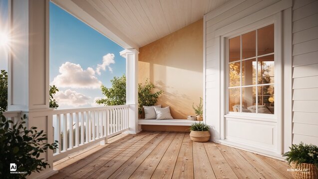 A Serene and Inviting Minimalist Porch Scene, Featuring Clean Lines, Thoughtfully Arranged Furniture, and Natural Accents, Evoking a Sense of Calm, Comfort, and Effortless Outdoor Tranquility