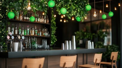 Cozy bar interior with green stools, wooden counter, and hanging lamps. Perfect for St. Patrick's Day, pub night, casual gathering, and social events
