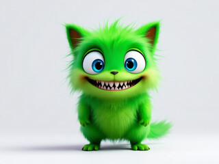 Obraz premium Cute, monster, yellow, furry, smiling, cartoon, happy, friendly, big eyes, horns, teeth, playful, funny, character, creature, fantasy, illustration, digital art, 3D, rendering, silly, goofy, whimsical