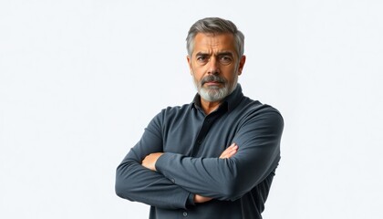 Middle-aged man stands against white backdrop. Serious expression, arms crossed. Formal attire. Studio portrait. Potential situations include business meeting, presentation, confident executive in