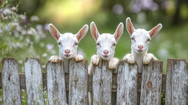 three playful baby goats curiously peek over a rustic fence, embodying innocence and charm in a picturesque farm setting