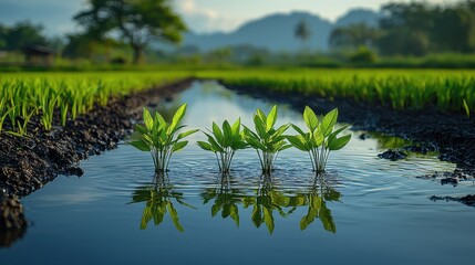 Obraz premium Serene Paddy Fields with Vibrant Seedlings Reflections