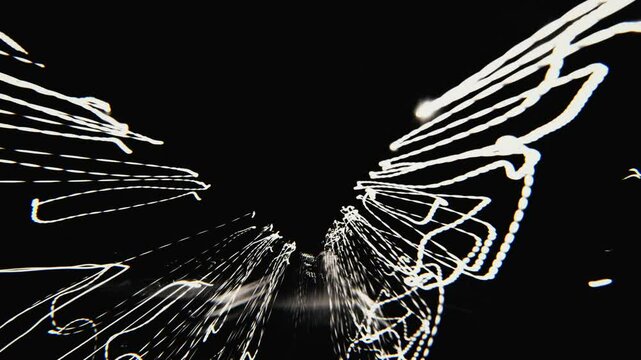 Monochromatic animation of white neon light lines on black background. Low frame rate effect. Seamless loop.