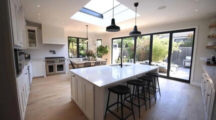 Fototapeta premium Bright, modern kitchen with large island, white cabinets, and patio access.