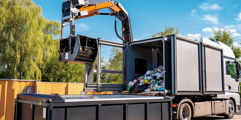 Garbage truck unloading waste in a recycling facility