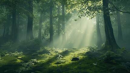 Obraz premium tranquil forest scene with sunlight filtering through dense green foliage, casting gentle shadows on the soft moss-covered ground; an ethereal mist lingers, adding a peaceful, mystical quality