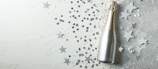 Celebratory champagne bottle surrounded by silver stars and glitter on a white surface during a festive occasion
