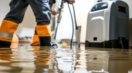 Water damage restoration technician in flood-damaged room using water extraction equipment.