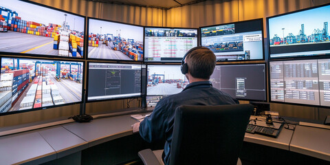 Container terminal operator at work in a control room