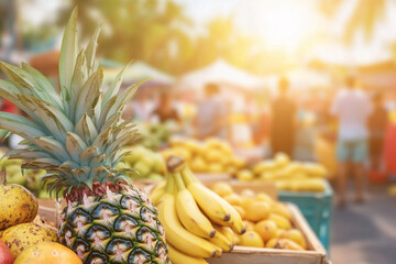 Vibrant fruit market bustling with activity at sunset