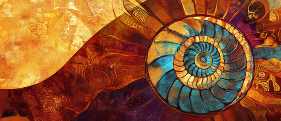 Fototapeta premium Ammonite Fossil Spiral Earthy Tones Vibrant Colors