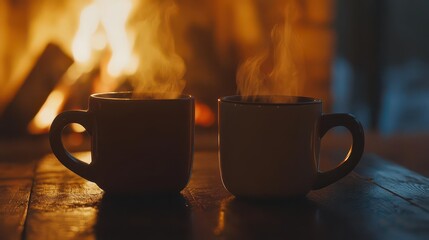two steaming mugs of coffee placed by a cozy fireplace, capturing the essence of a warm and inviting autumn evening, perfect for relaxation and connection