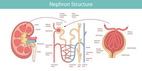 Structure of the nephron of the kidney. Vector medical illustration