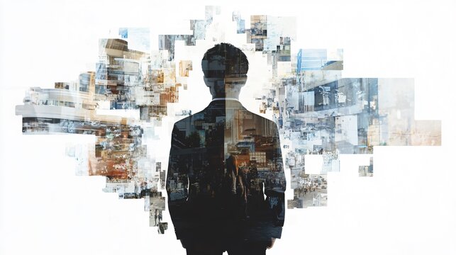 Businessman in suit with city backdrop - double exposure image. Represents vision, innovation, and future of business.