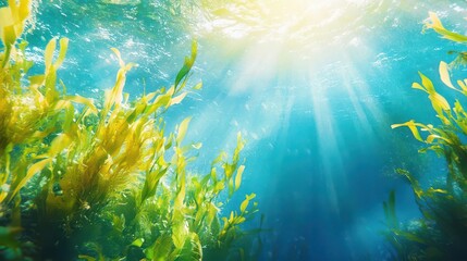 Naklejka premium underwater seascape showcasing vibrant seaweed swaying in natural sunlight, creating a serene marine landscape filled with tranquility and life