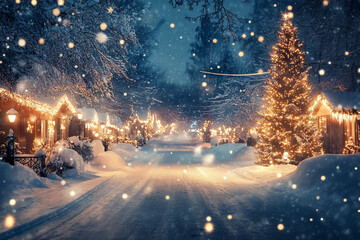 Fototapeta premium Christmas Street Snowfall Sparkling Lights Winter Wonderland