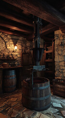 Naklejka premium Wine Cellar, Wine Making Equipment, Crusher, Press, Traditional