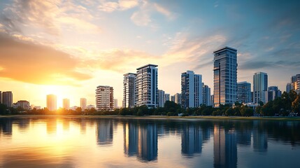 Fototapeta premium Golden Hour Cityscape: Breathtaking Sunset over Modern Skyline Reflected in Calm Waters