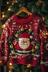 Obraz premium Festive Ugly Christmas Sweater with Santa and Ornaments for Holiday Cheer
