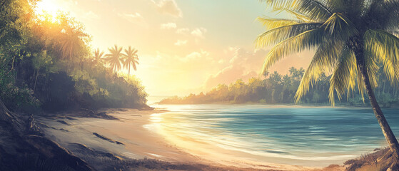 Tropical Island Beach, Palm Trees, Sunset, Ocean, Paradise