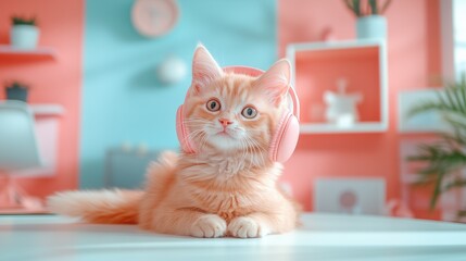 A cool, tech-savvy cat listening to music with pastel headphones, set against a clean and minimal studio background