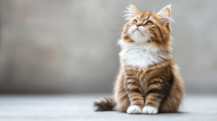A charming brown and white British Longhair cat sits gracefully, observing its surroundings with wide eyes, showcasing its fluffy coat and playful demeanor in a warm indoor atmosphere.