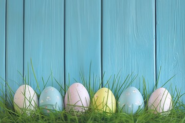 Colorful decorated eggs resting on fresh green grass against a vibrant blue wooden background during the Easter celebration in spring