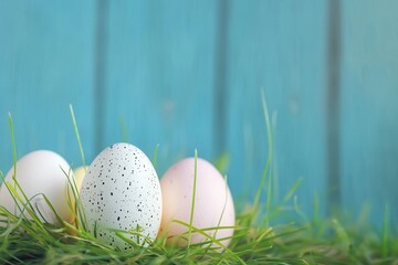 Colorful decorated eggs resting on green grass in front of a rustic blue background during springtime celebration