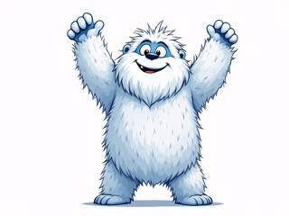 Happy baby yeti with arms raised, smiling joyfully.