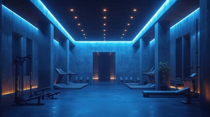 Modern, dimly lit gym with treadmills and weight machines.