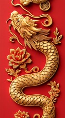 Fototapeta premium Golden Snake in Paper Cut Style with Floral Accents