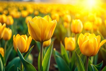 Obraz premium Stunning Yellow Tulip Photos: Spring Blooms, Vibrant Yellow Flowers, Close-up Images, Field of Tulips, Yellow Tulip Bouquet, Springtime Photography