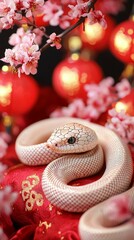 Fototapeta premium Adorable Golden Baby Snake Curled on Silk Fabric