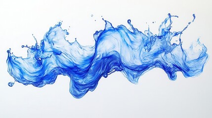 vibrant blue water splash suspended in mid-air, against a clean white backdrop, each droplet reflecting light, showcasing fluid dynamics and purity