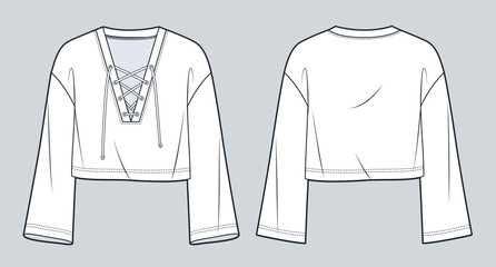 Naklejka premium Lace Up Top technical fashion illustration. Cropped Shirt fashion flat technical drawing template, v neck, bell sleeves, relaxed fit, front and back view, white, women, men, unisex CAD mockup.
