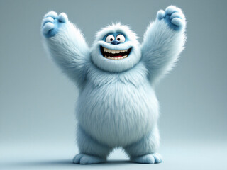 Happy baby yeti with arms raised, smiling joyfully.