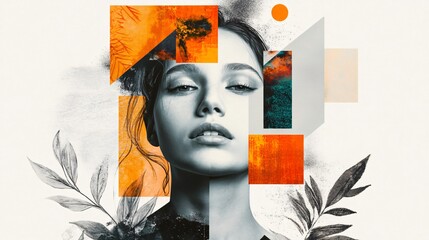Abstract portrait of a woman with geometric shapes and orange accents. Modern, contemporary art with a touch of nature.