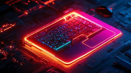 Futuristic keyboard illuminated in neon colors on a circuit board background showcasing technology, innovation, and modern design aesthetic in a digital environment
