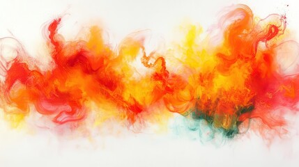 Fototapeta premium vibrant explosion of colors bursting against a pure white background, showcasing fiery reds, oranges, and yellows interspersed with smoke wisps