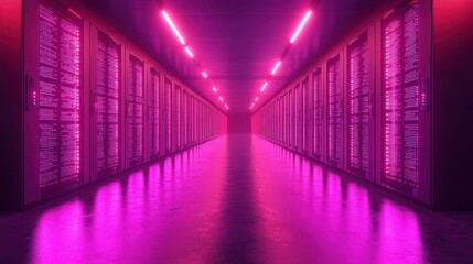 Fototapeta premium Neon Pink Data Center Aisle with Bright Lighting