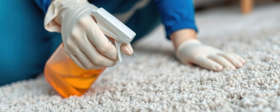Person in gloves sprays carpet cleaner on light beige carpet. Focuses on maintaining carpet hygiene, cleanliness. Pro carpet care service home maintenance technique. Effective method for stain
