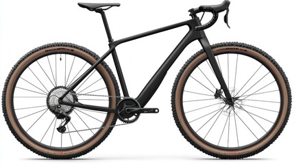 Naklejka premium Black gravel bike with tan walls tires, carbon fiber frame, disc brakes, and drop handlebars.