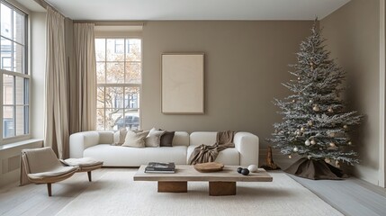 White living room interior with Christmas tree