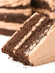 A slice of chocolate cake with layers of rich frosting, isolated on white background, full depth of field.