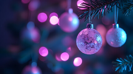 A collection of frosted glass Christmas baubles hanging on a Christmas tree. Background filled with glowing neon purple and teal bokeh lights, creating a magical winter holiday atmosphere.