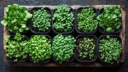 microgreens grown in pots, seedlings sprouted, on the window, plants view from above