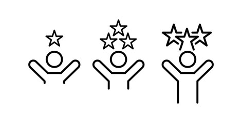 Outline icon talent acquisition, employee award, customer satisfaction, success. Line sign three stars near a human figure. Vector isolated pictograms for web on white background editable stroke.