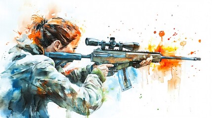 Watercolor Painting of a Female Sniper in Action