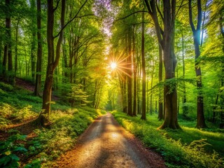 Fototapeta premium Sunlit Forest Path Panoramic Photography: Majestic Nature Scene, Golden Hour Sunlight, Woodland Trail, Lush Greenery